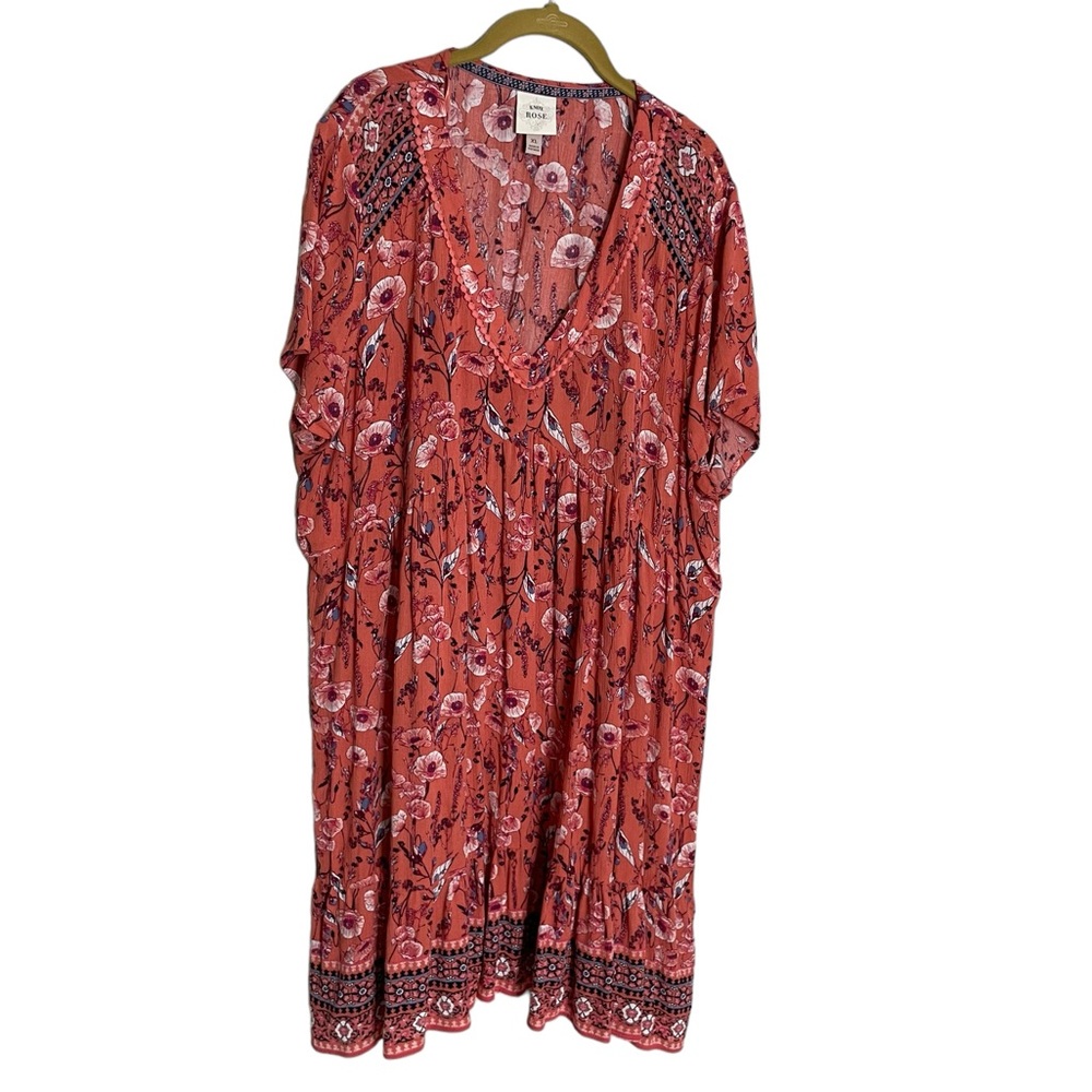 Knox Rose Floral Boho Salmon Pom Pom Trim V Neck Dress XL
